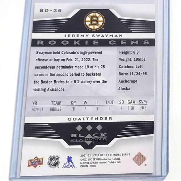 Jeremy Swayman Boston Bruins Goalie Rookie Gems Card Insert BD-36 2021/22 - Picture 2 of 2
